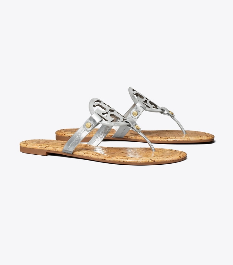 Tory Burch MILLER METALLIC PATENT CORK SANDAL - Silver / Natural