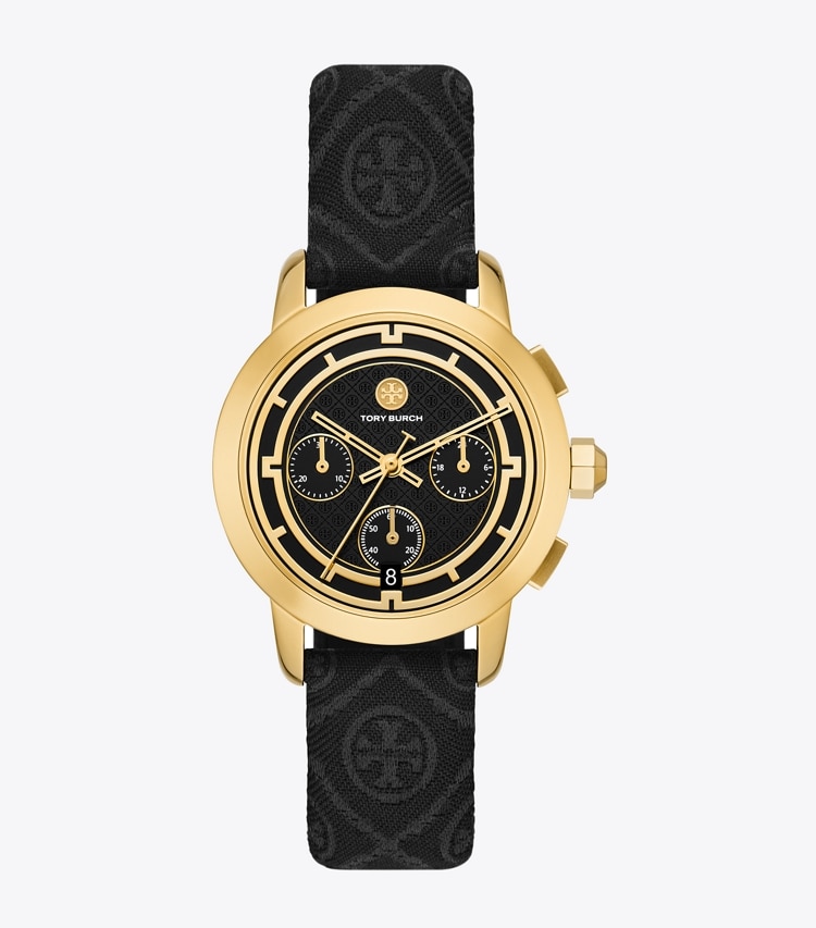 Tory Burch TORY CHRONOGRAPH WATCH, T MONOGRAM JACQUARD/ LEATHER/ GOLD-TONE STAINLESS STEEL - Black/Gold/Black T Monogram Jacquard