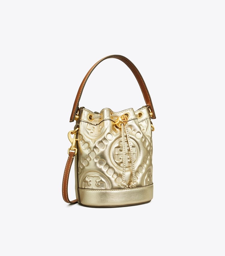 Tory Burch T MONOGRAM EMBOSSED METALLIC MINI BUCKET BAG - Gold