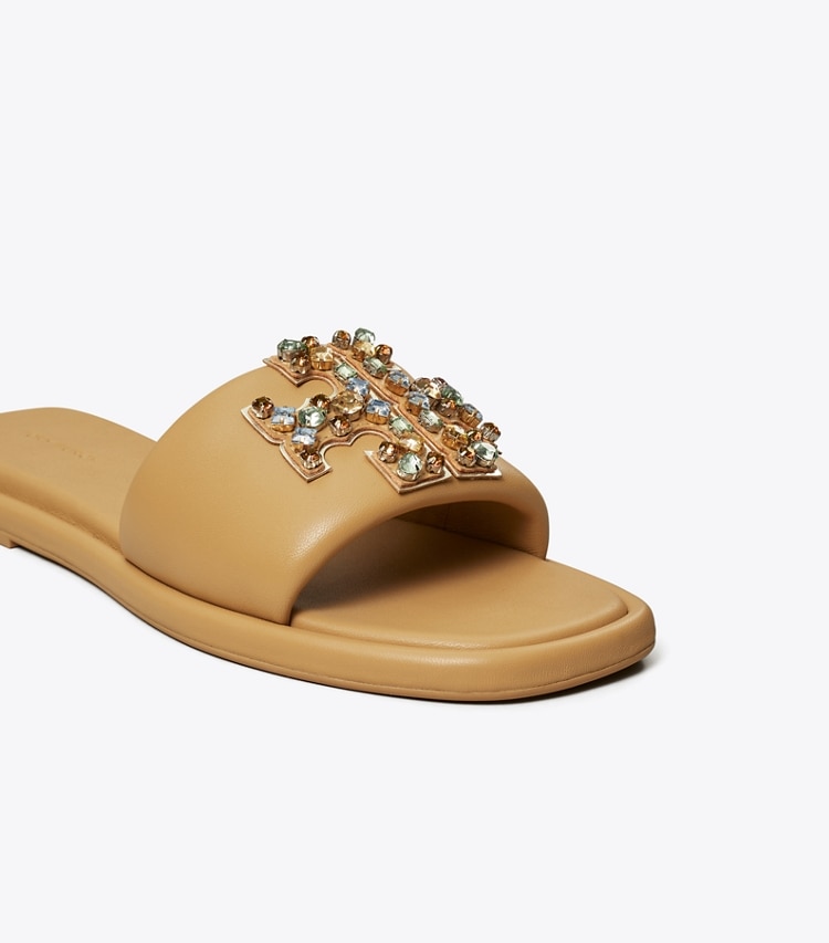 Tory Burch DOUBLE T CRYSTAL SPORT SLIDE - Ginger Shortbread