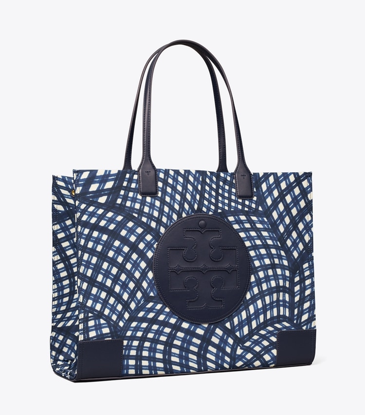 Tory Burch ELLA PRINTED TOTE - Navy Warped Gingham