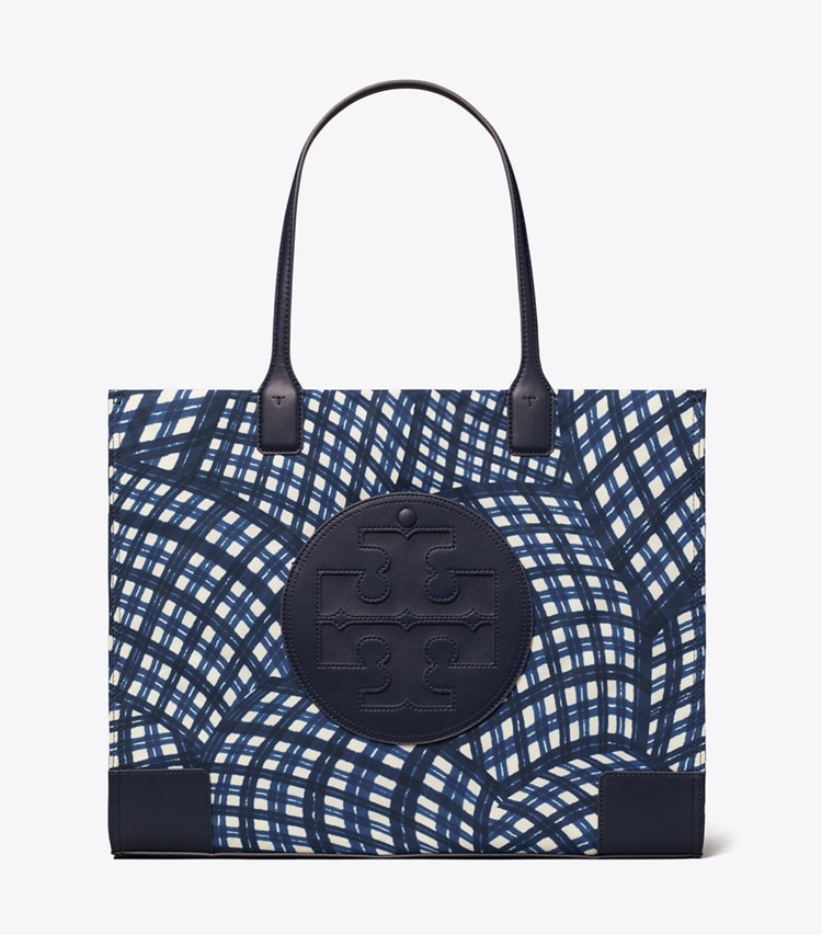 Tory Burch ELLA PRINTED TOTE - Navy Warped Gingham