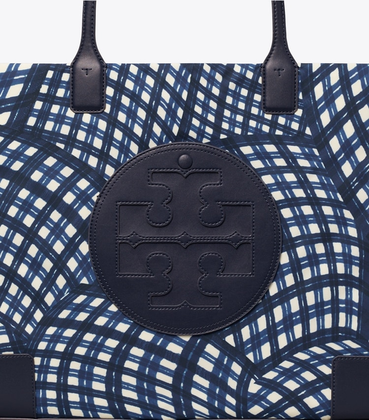 Tory Burch ELLA PRINTED TOTE - Navy Warped Gingham