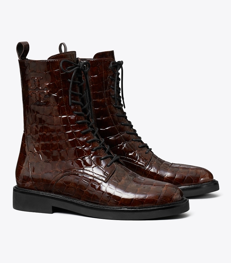 Tory Burch DOUBLE T COMBAT BOOT - Brown Croc