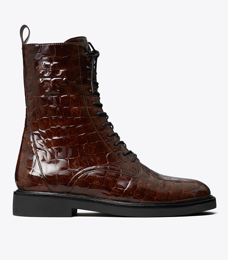 Tory Burch DOUBLE T COMBAT BOOT - Brown Croc