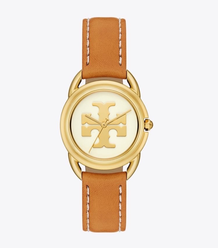 Tory Burch MILLER WATCH, LEATHER / GOLD-TONE STAINLESS STEEL - Ivory/Gold/Luggage