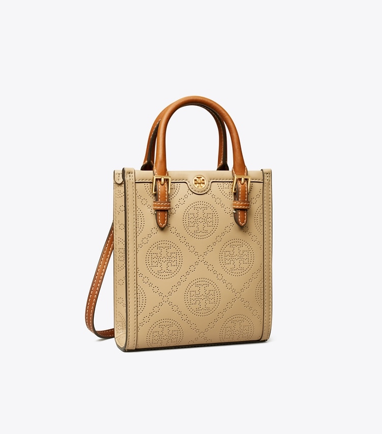 Tory Burch MINI T MONOGRAM PERFORATED TOTE - Almond Flour