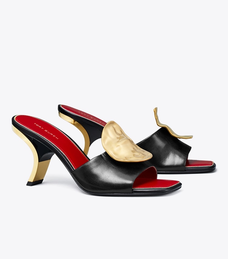 Tory Burch PATOS MISMATCHED HEEL SANDAL - Perfect Black / Tory Red / Tory Red