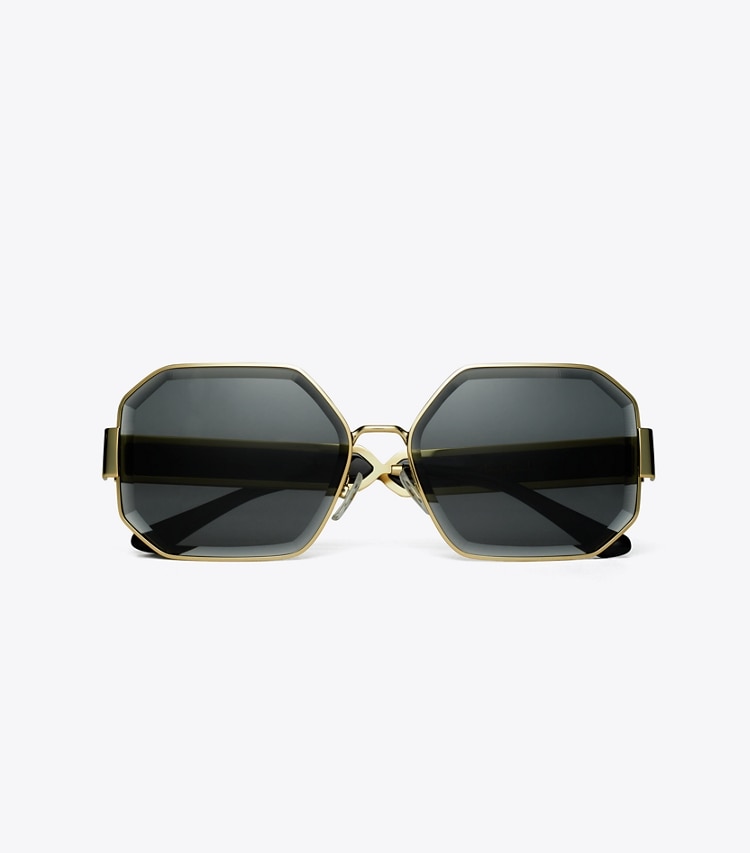 Tory Burch KIRA FACETED GEOMETRIC SUNGLASSES - Shiny Light Gold/Solid Grey