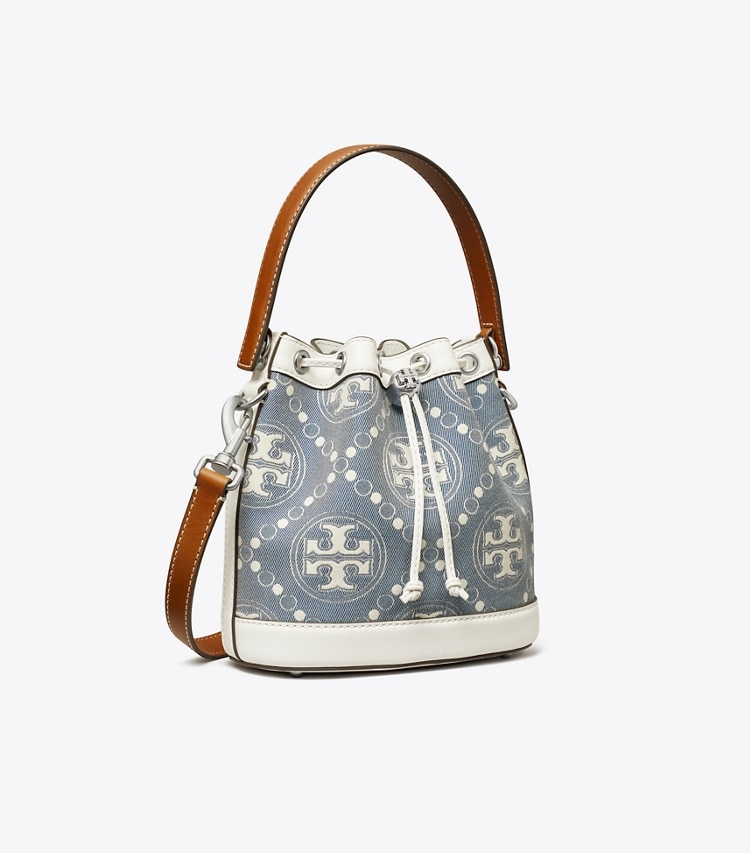 Tory Burch T MONOGRAM DENIM BUCKET BAG - Pearl Blue