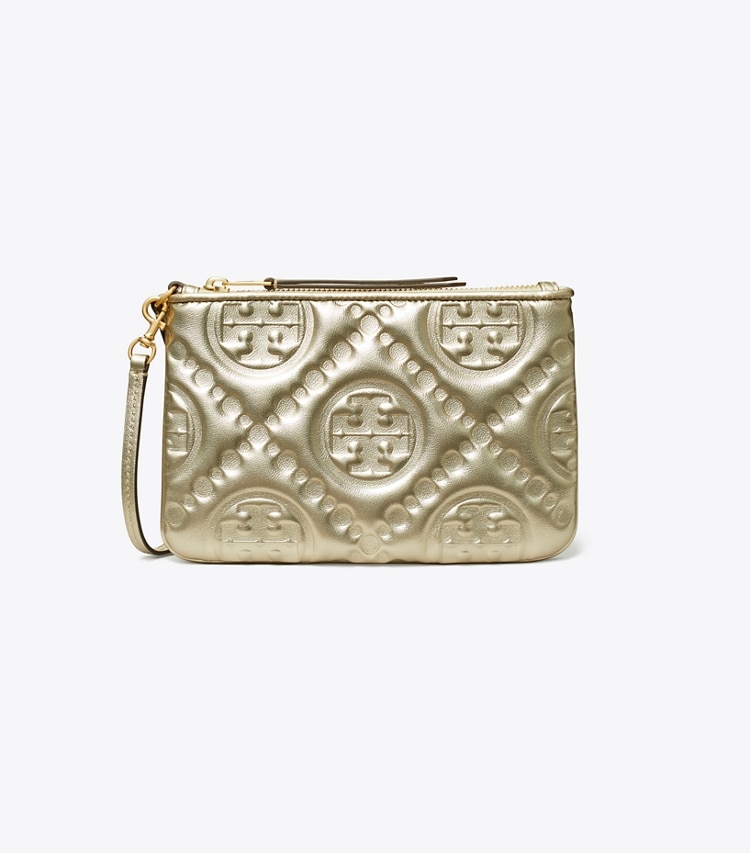 Tory Burch T MONOGRAM EMBOSSED METALLIC POUCH - White Gold