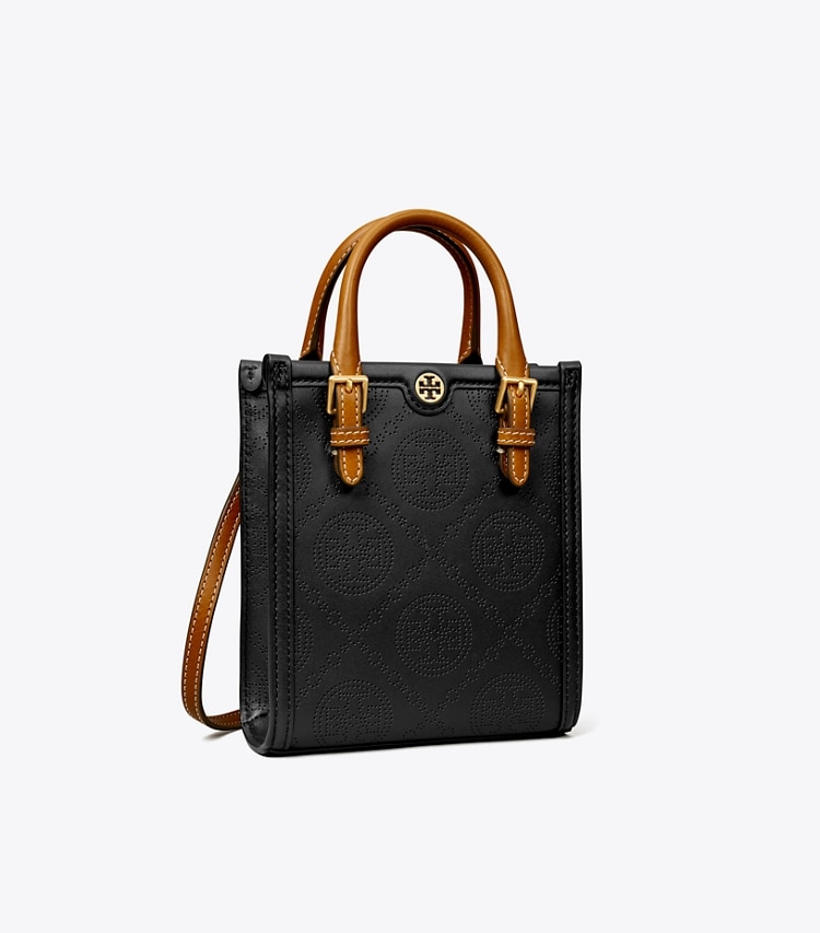 Tory Burch MINI T MONOGRAM PERFORATED TOTE - Black