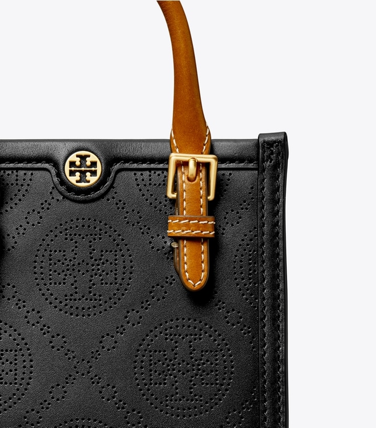 Tory Burch MINI T MONOGRAM PERFORATED TOTE - Black