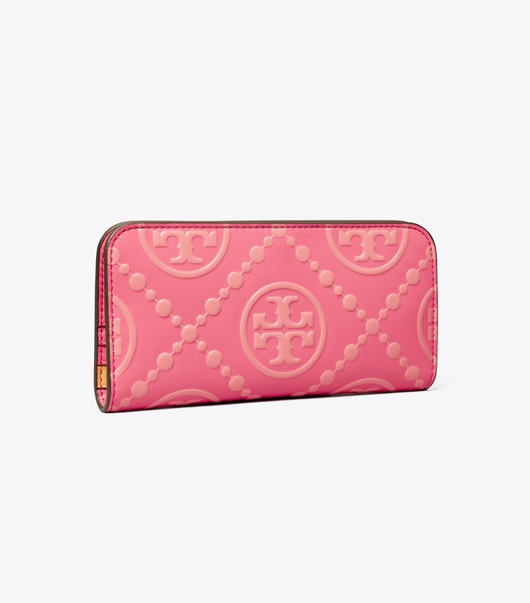 Tory Burch T MONOGRAM CONTRAST EMBOSSED ZIP SLIM WALLET - Pink Fluorite