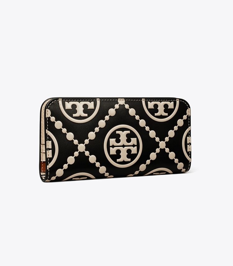 Tory Burch T MONOGRAM CONTRAST EMBOSSED ZIP SLIM WALLET - Black / New Cream