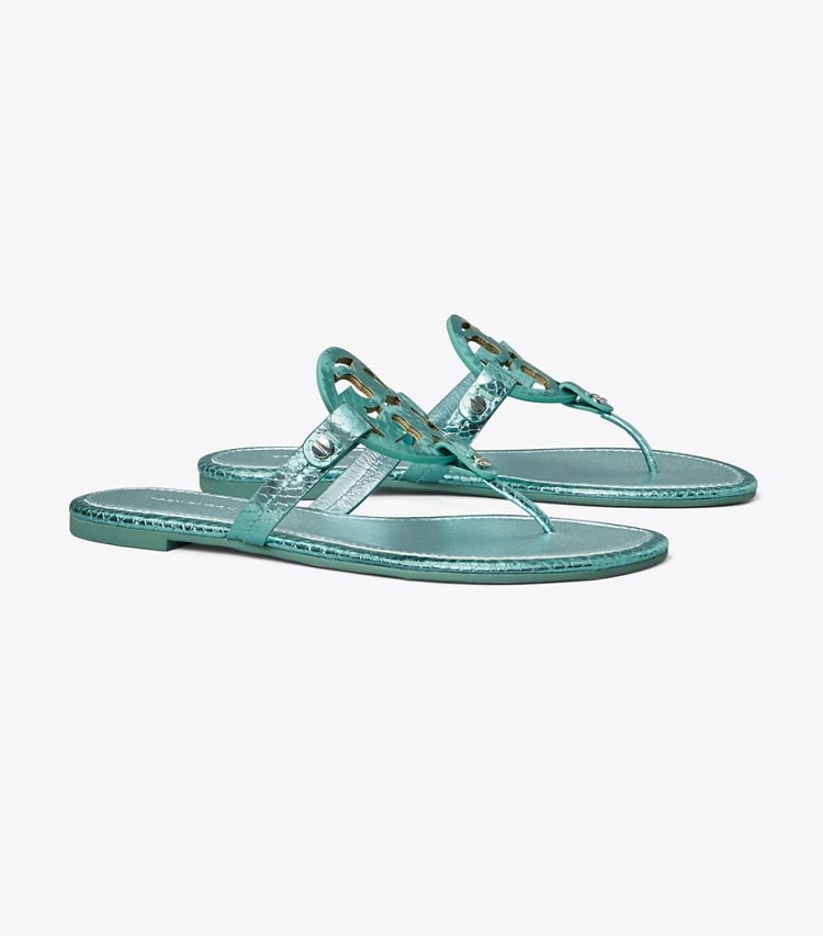 Tory Burch MILLER METALLIC SNAKE EMBOSSED SANDAL - Laguna Green