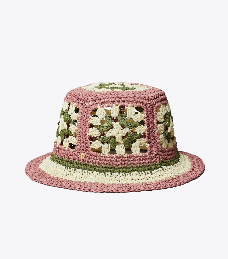 Tory Burch STRAW CROCHET SHORT-BRIM BUCKET HAT - Pink Bold Flower