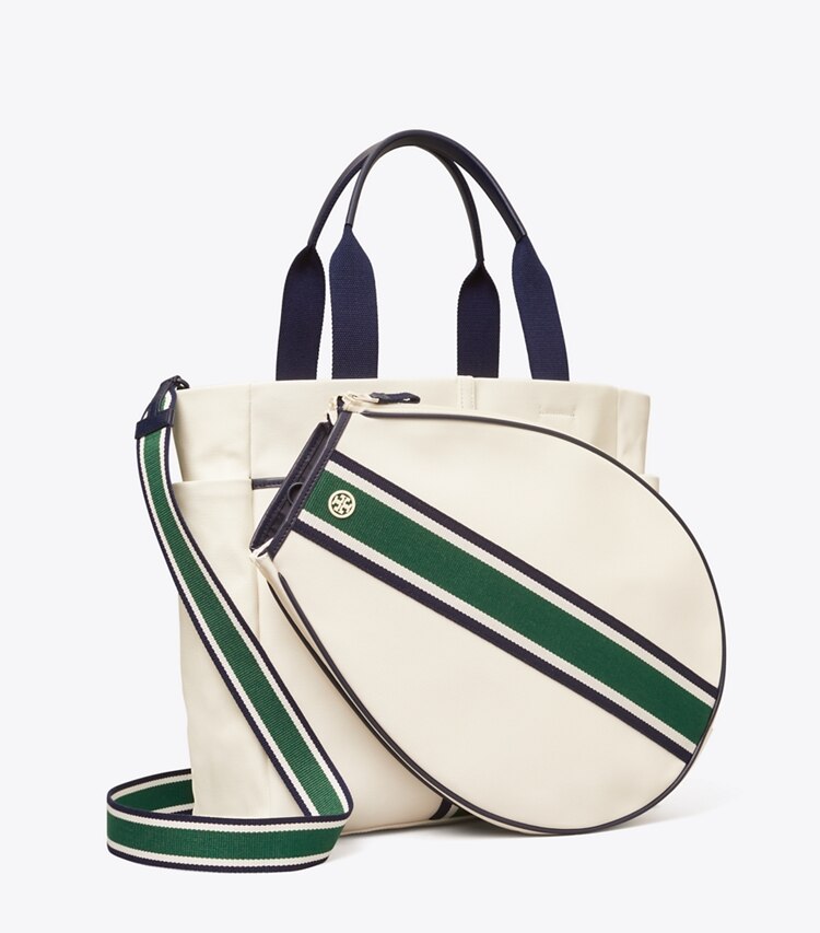 Tory Burch CONVERTIBLE STRIPE TENNIS TOTE - Ivory Pearl / Evergreen