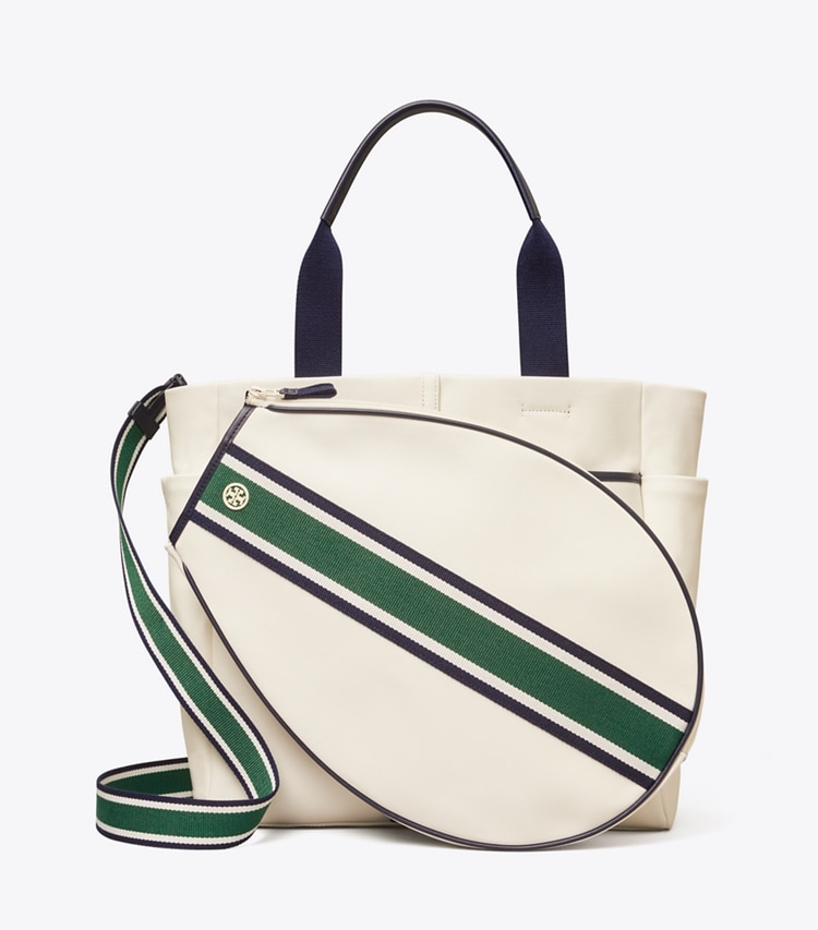 Tory Burch CONVERTIBLE STRIPE TENNIS TOTE - Ivory Pearl / Evergreen